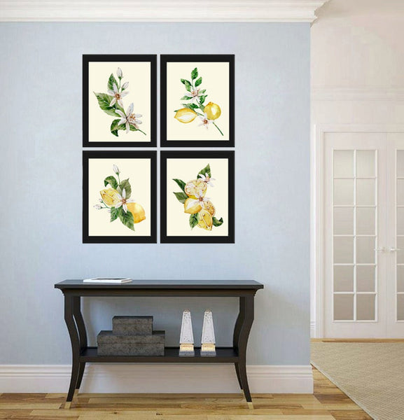 Lemons and Roses Botanical Wall Art Set of 4 Prints Beautiful Blooming Citrus Fruit Flowers Tropical Interior Design Home Decor to Frame LMC