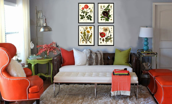 Red Poppy Roses Dandelion Hollyhocks Botanical Wall Art Set of4 Prints Beautiful Antique Vintage Flower Poster Home Room Decor to Frame KOH