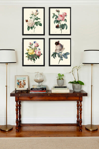 Roses Botanical Print Set of 4 Prints Beautiful Antique Wall Art White Pink Yellow Flowers French Garden Romantic Home Decor to Frame REDT