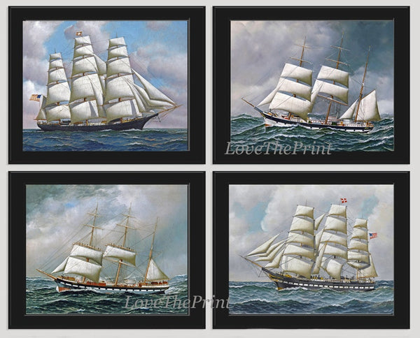 Vintage Ship Sailboat Painting Wall Art Set of 4 Prints Beautiful Antique Seascape Sea Ocean Beach House Decoration Home Decor to Frame SHIP