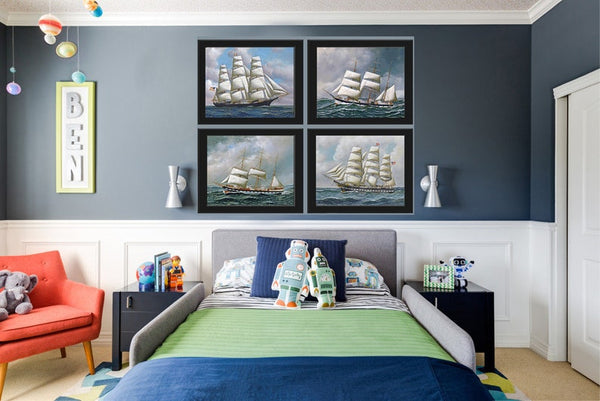 Vintage Ship Sailboat Painting Wall Art Set of 4 Prints Beautiful Antique Seascape Sea Ocean Beach House Decoration Home Decor to Frame SHIP