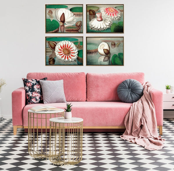 Water Lily Lotus Botanical Prints Wall Art Decor Set of 4 Prints Beautiful Antique Vintage Green Leaf Lake House Home Decor to Frame WSH