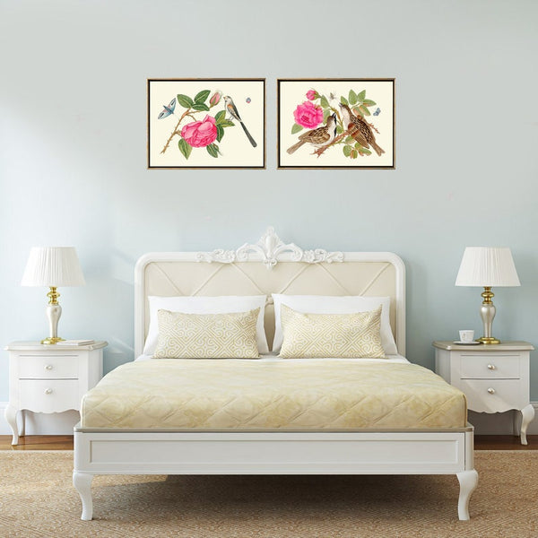 Birds and Roses Botanical Wall Art Decor Prints Set of 2 Beautiful Antique Pink Flowers Dining Living Room Home Decoration to Frame BOT