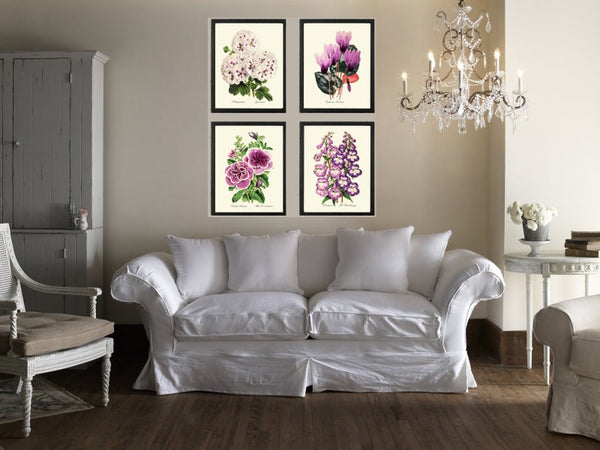 Purple Violet Flowers Botanical Wall Art Set of 4 Prints Beautiful Petunia Cyclamen Geranium Beardtongue Plants Home Decor to Frame TFM