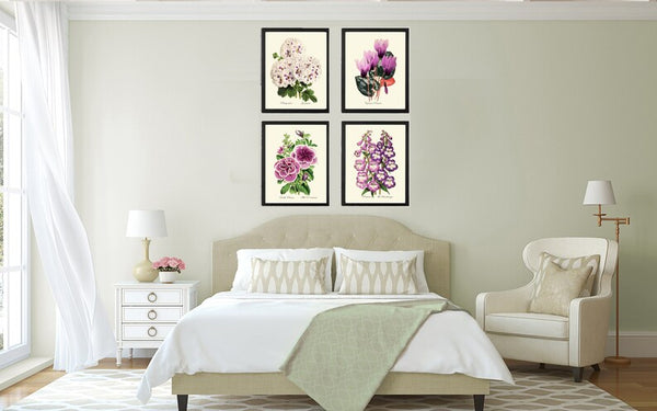 Purple Violet Flowers Botanical Wall Art Set of 4 Prints Beautiful Petunia Cyclamen Geranium Beardtongue Plants Home Decor to Frame TFM