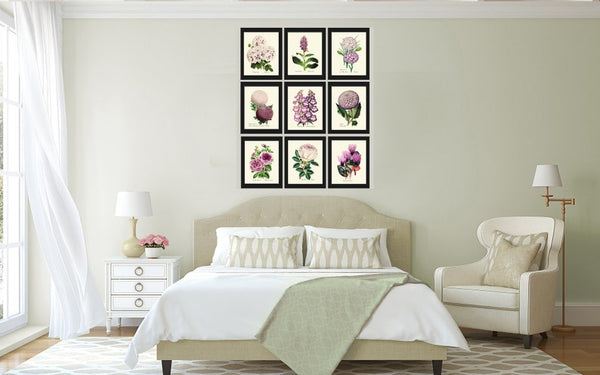 Violet Purple White Flowers Wall Art Botanical Prints Set of 9 Beautiful Antique Vintage Petunia Rose Geranium Cyclamen Decor to Frame TFM