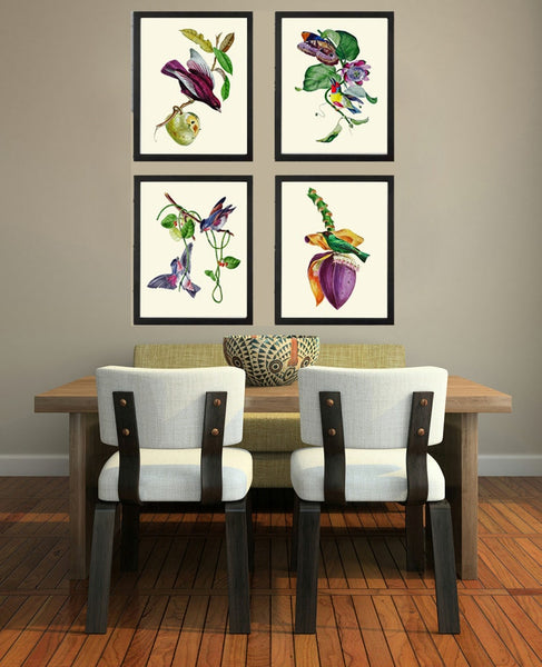 Bird Wall Art Print Set of 4 Beautiful Vintage Antique Purple Violet Tropical Fruit Banana Bloom Passion Flower Home Room Decor to Frame OBB