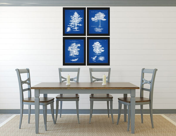 Pine Tree Wall Art Set of 4 Prints Beautiful Vintage Antique Blue Blueprint Patent Background Trees Varieties Home Room Decor to Frame LODT