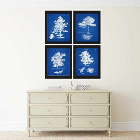 Pine Tree Wall Art Set of 4 Prints Beautiful Vintage Antique Blue Blueprint Patent Background Trees Varieties Home Room Decor to Frame LODT