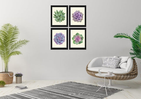 Succulent Plant Prints Wall Art Home Decor Set of 4 Beautiful Green Violet Purple Tropical Picture Watercolor Home Decor to Frame SUCC