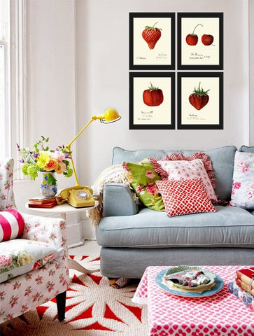 Strawberries Botanical Prints Wall Art Set of 4 Beautiful Vintage Antique Red Berries Dining Room Kitchen Garden Home Decor to Frame GR