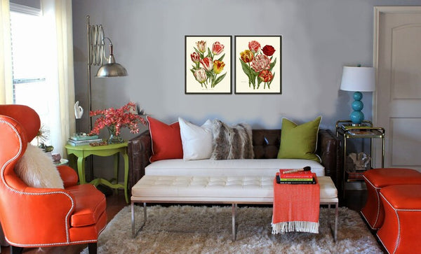 Tulip Flower Prints Wall Art Set of 2 Vintage Antique Botanical Pretty Colorful Living Room Dining Kitchen Office Nursery Home Decor HOU