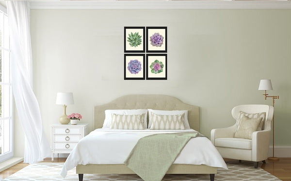 Succulent Plant Prints Wall Art Home Decor Set of 4 Beautiful Green Violet Purple Tropical Picture Watercolor Home Decor to Frame SUCC